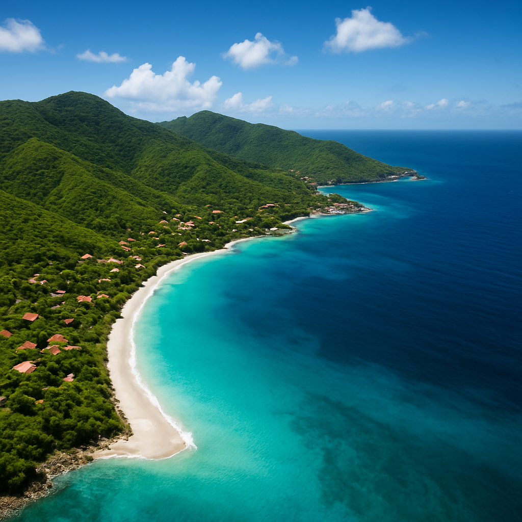 Aerial view of a turquoise Caribbean coastline